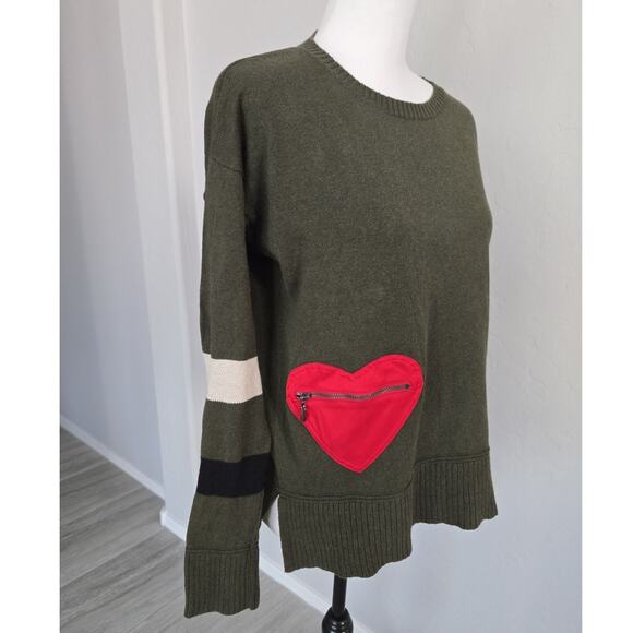 Lisa Todd Olive Green Cotton Cashmere Sweater Heart Zip Pocket Long Sleeve Sz L - Picture 2 of 13